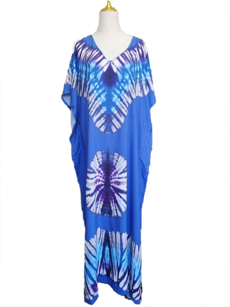 2025 Loose Boho Style Maxi Dress Print Face Swim Suit Cover-up Bohemian Dress Robe Plage Kaftan Maxi Dress Beach Wear Tunics
