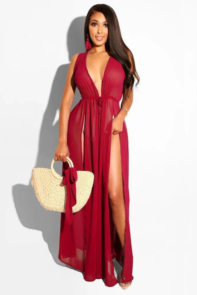 Loose Chiffon Beach Dress Sexy Women Solid Elegant Split Summer Maxi Dress Vestidos