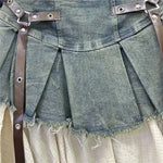 Retro Spliced Denim Pleated Skirt For Women Summer New Temperament Hot Girl Fashionable High Waist A-line Skirt Fashion AS1C