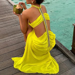 2025 women's backless sexy beach vacation dress with suspender collar pleated metal chain, new elegant vacation dress design