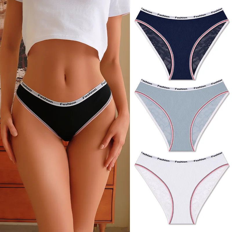 3Pcs/Set Women's Cotton Lace Panties V-Waist Sexy Sport Low Waist Briefs S-XL Comfortable Underwear Female Soft Color Underpants