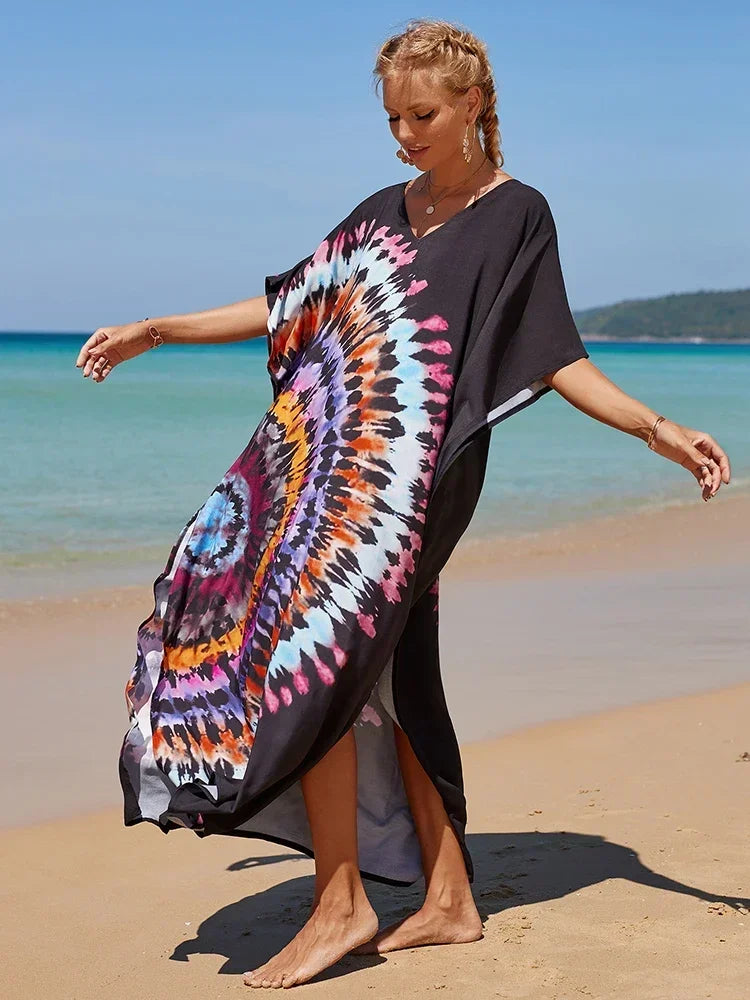 2025 Loose Boho Style Maxi Dress Print Face Swim Suit Cover-up Bohemian Dress Robe Plage Kaftan Maxi Dress Beach Wear Tunics