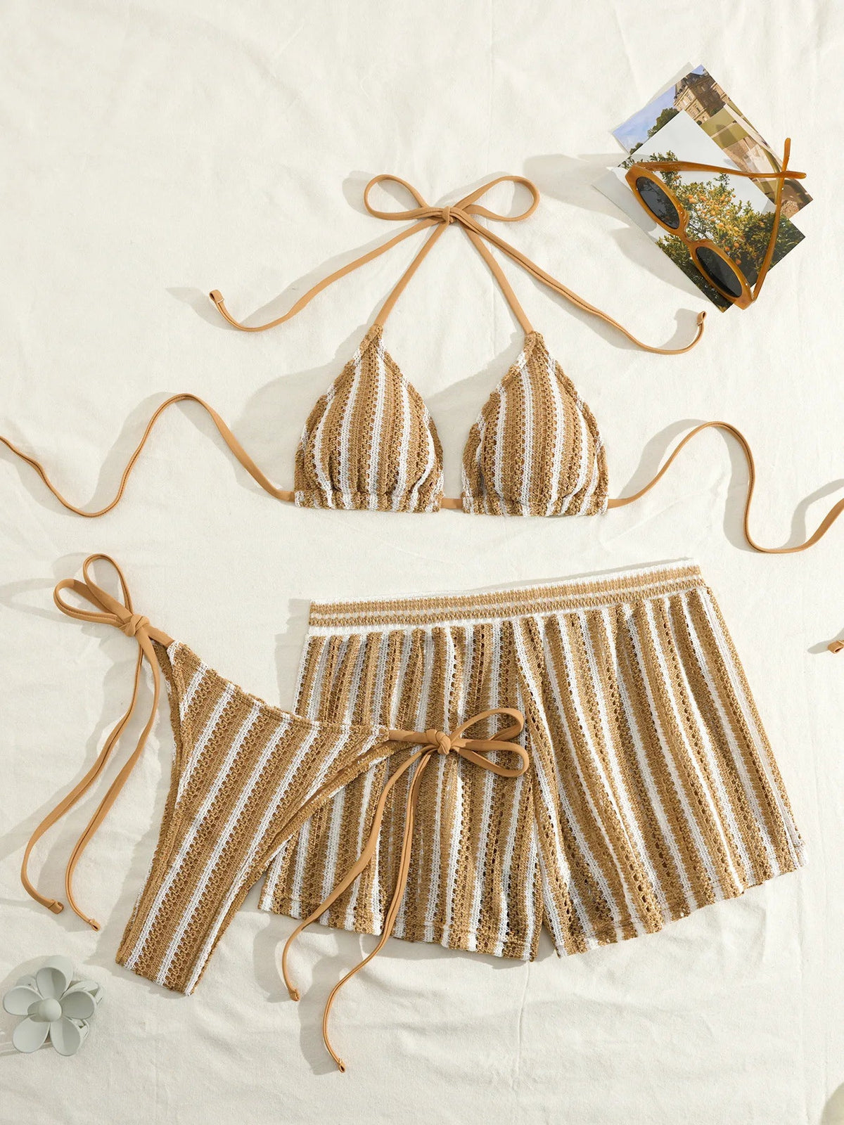 New Retro 3 Pieces Knitted Mesh String Bikini Set Swimsuit Women Blue Striped Swimwear with Shorts Beach Wear Boho Bathing Suit