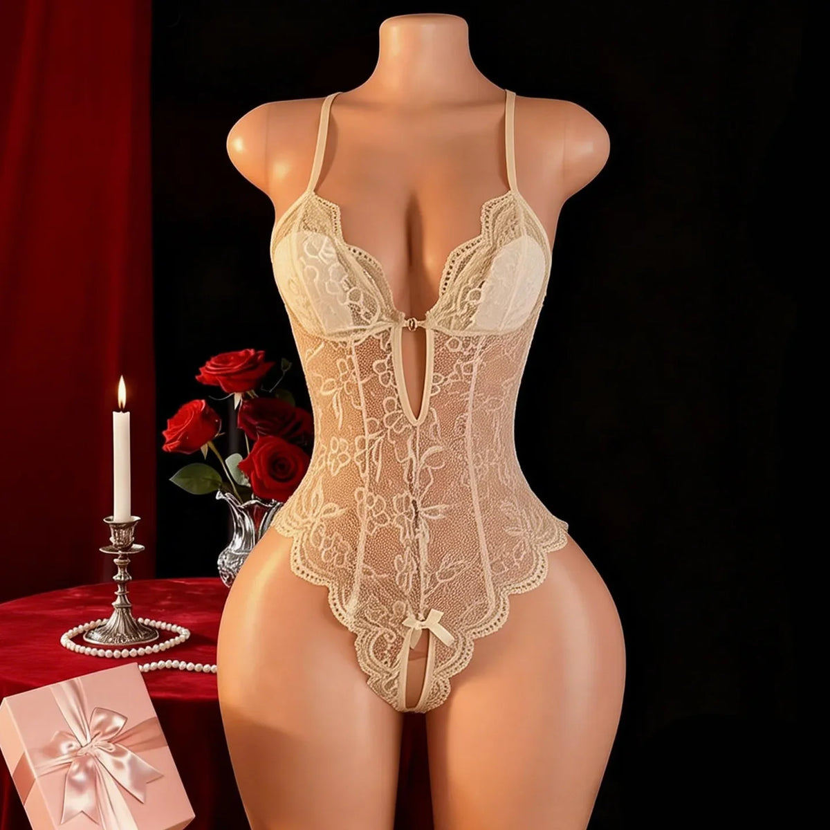 Crotchless Lingerie Lace Hollow Bra Set Sexy Tight Fitting Women Clothing,V-neck OpenBodysuit .Soft Padded Bra Underwear Set