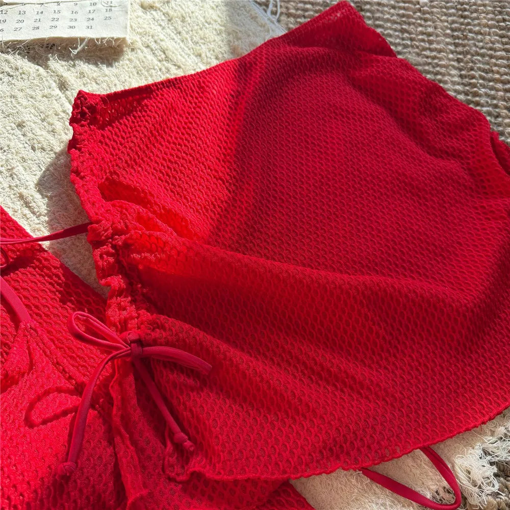 Beige Mesh Halter String Triangle Micro Thong Bikinis Sets 4 Pieces Long Sleeve Cover Ups Sexy Swimsuit Women Holiday Swimwear