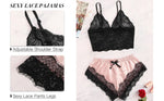2PCS Women's Satin Pajama Set Lace Cami Top and Shorts Sexy Lingerie Sleepwear Summer Breathable Nightwear Black And Pink