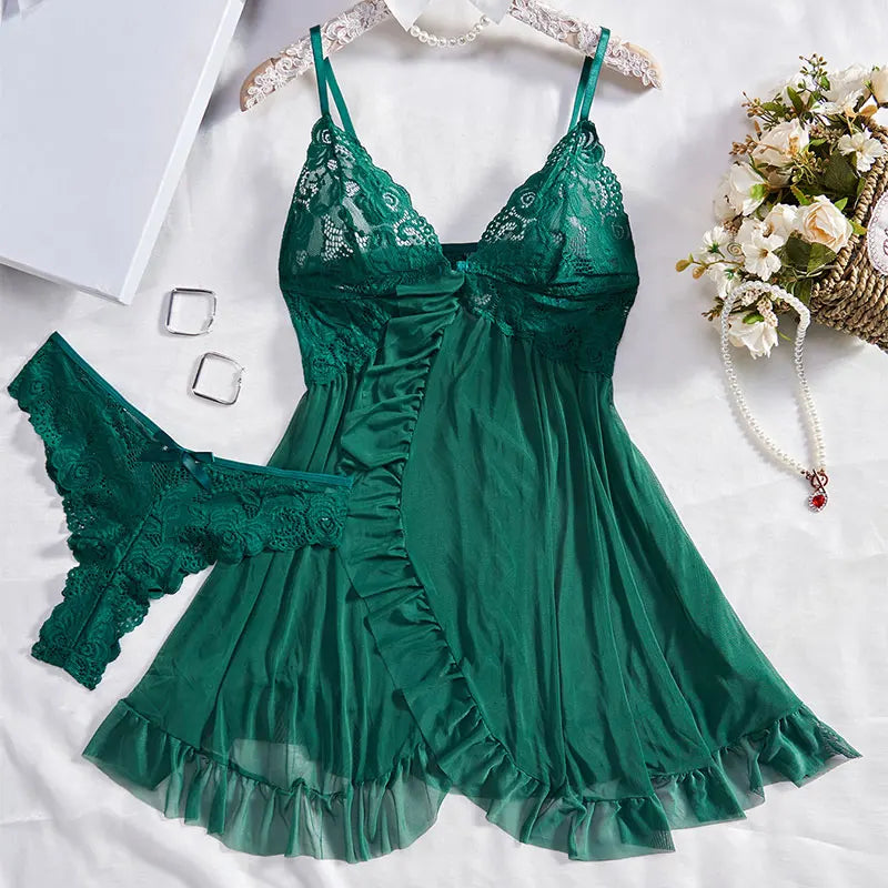Sexy Women Lace Lingerie Set, Transparent Pink Lace Camisole & Panties Suit, Sexy Romantic Night V-Neck Temptation Hot Sleepwear