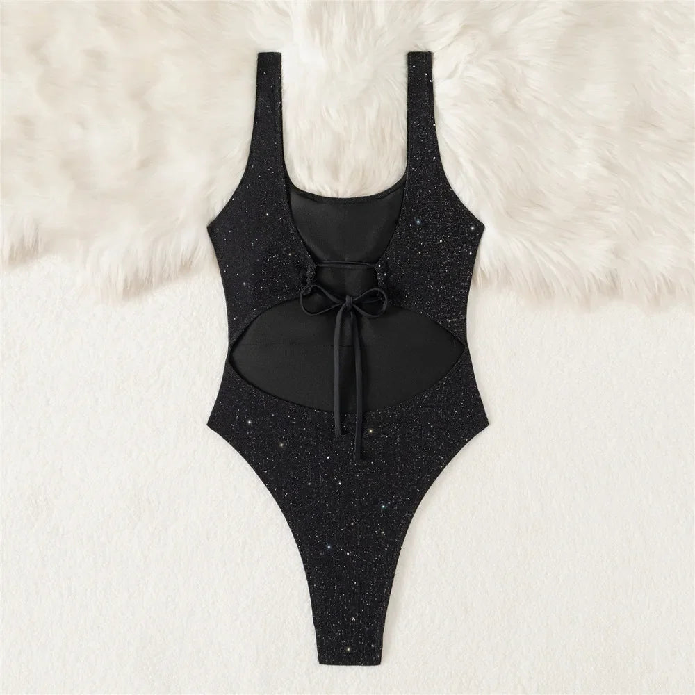 Shiny Black Backless Sexy Swimsuit Woman One Piece Solid Swimwears 2026 High Cut Monokini Lace-up Bathing Swimming Suit Bodysuit