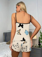 Butterfly Print Pajama Set Lettuce Trim Cami Top Elastic Waistband Shorts Women Sleepwear Loungewear