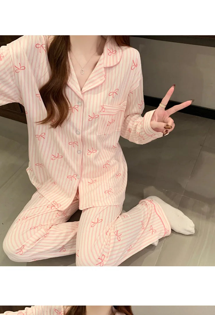 Printemps et automne nouveaux pyjamas pour femmes ensemble de vêtements de détente fille amour Cardigan pyjamas tissu froissé vê