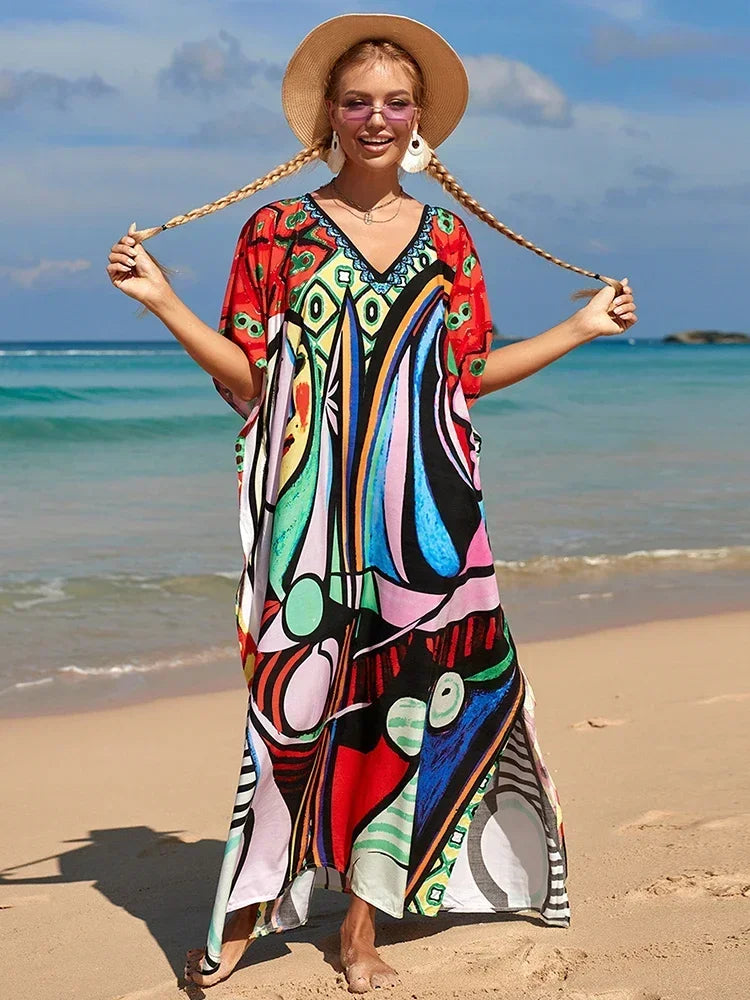 2025 Loose Boho Style Maxi Dress Print Face Swim Suit Cover-up Bohemian Dress Robe Plage Kaftan Maxi Dress Beach Wear Tunics