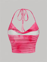 Tie-dye Print Halter Top for Women Summer Y2K Clothes Sexy Backless Drape V-neck Crop Top Streetwear