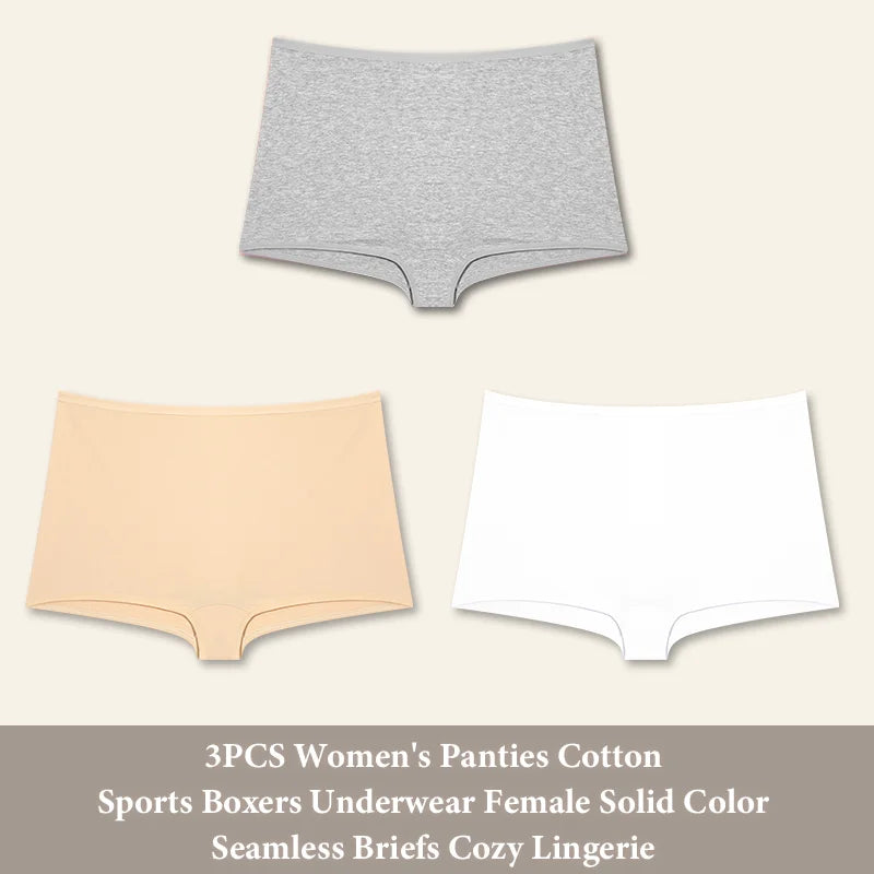 3PCS Women'sCotton Seamless Panties Sports Boxers Underwear Female Solid Color Briefs Cozy Lingerie Intimate Underpants XS-XL