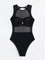 Sexy See Through One Piece Swimsuit 2025 Women Solid Black Mesh Transparent Hollow Out Backless Bathing Suit Swimwear Beachwear