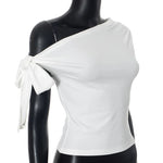 2025 Women'S Summer Ins Style New Shrink Pleated One-Shoulder Crop Top Backless Twist Tie Asymmetric T-Shirt Casual Top