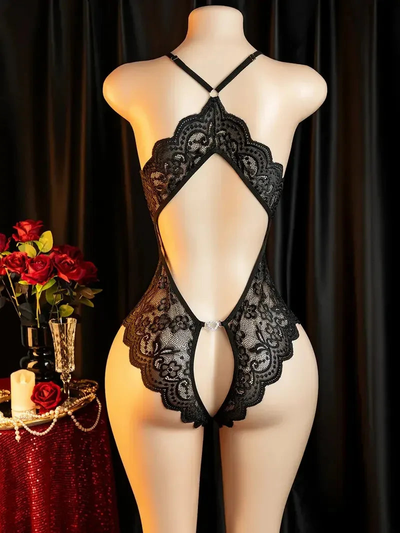 Transparent Sexy Crotchless Bra Set Lingerie Women Lace Hollow Bra Costumes Deep V Open Bra Underwea Erotic Backlesshot Bodysuit