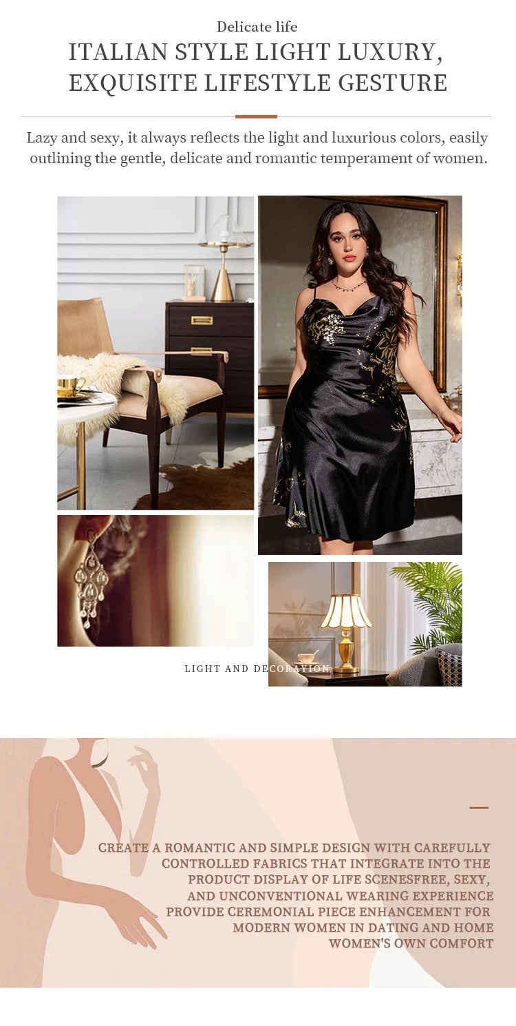 Plus Size Ice Silk Suspender Skirt Spring and Summer Sexy Printed Simple Pajamas Women's Home Wear Pajamas Nightgown Sleepwear
