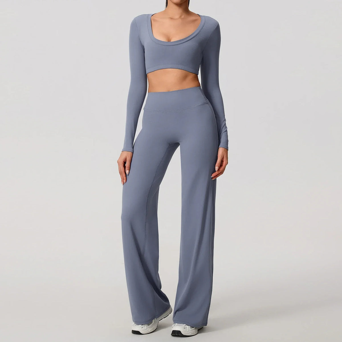 Hearuisavy Sports Set 2Pcs Women'sLong Sleeve Backless Fitted Fitness Top Push Up Pilates Yoga Top Wide Leg Straight Leg Pants