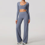 Hearuisavy Sports Set 2Pcs Women'sLong Sleeve Backless Fitted Fitness Top Push Up Pilates Yoga Top Wide Leg Straight Leg Pants