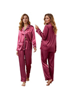 Women's Satin Two Pieces Pajama Sets Fashionable Contrast Color Trim Long Sleeve Button Down Tops with Pants Soft Sleepwear