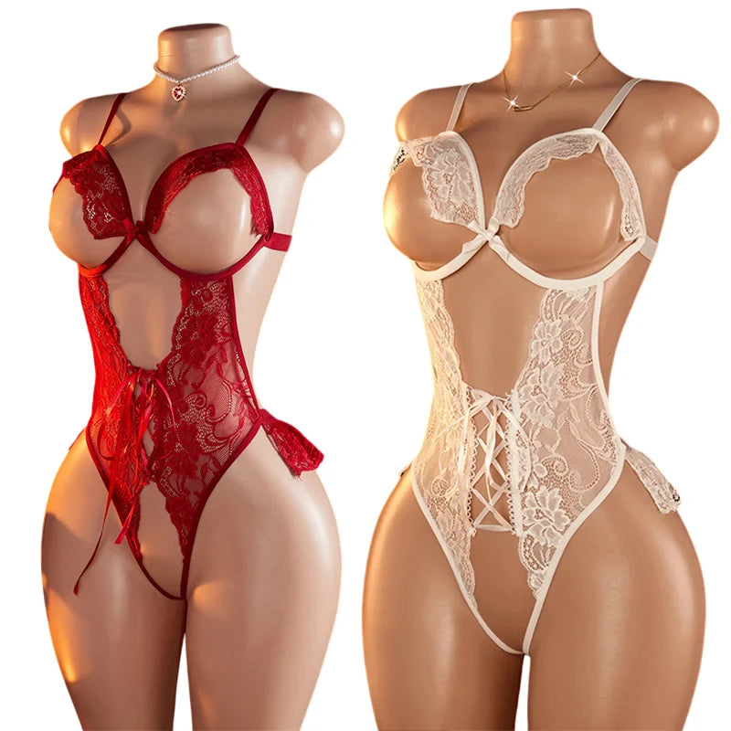 White Red Sexy Lace Underwear Erotic Hollow Bra Set Women Crotchless Bodysuit Transparent Deep V Open Bra Lingerie Set