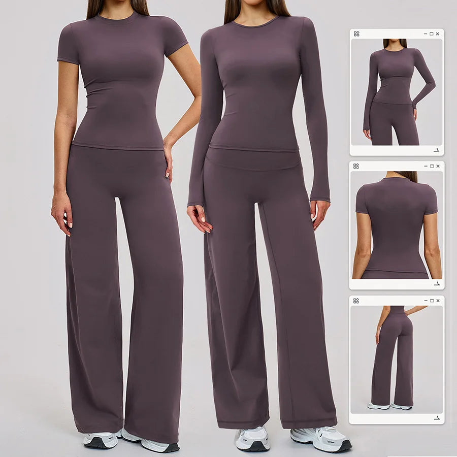 Yoga Set 2 Pieces Women Fitness Sportswear Gym Loose wide-leg pants Long-sleeved T-shirt Sports Crop Tops Tracksuit Workout Wear
