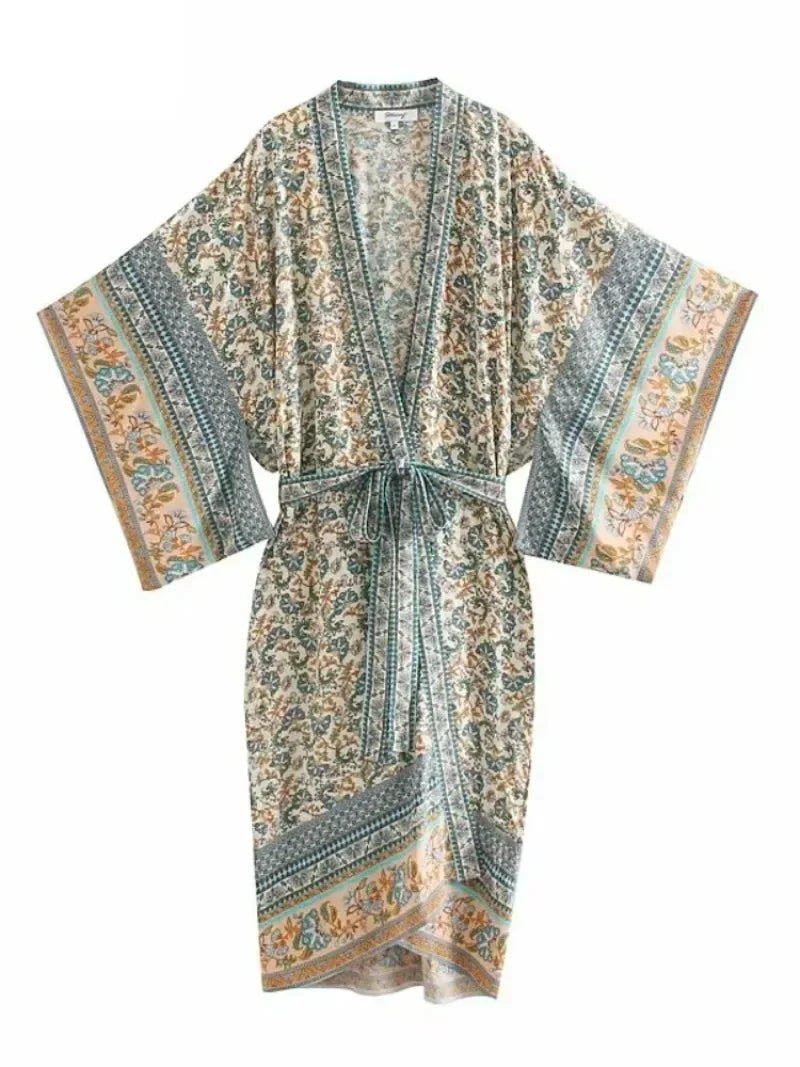 Happie Queens Women Floral Print Bat Sleeve Beach Bohemian Kimono Dress Ladies V Neck Summer Bikini Boho Cover-ups