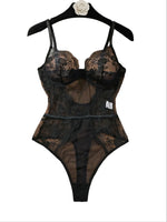 Black Lace Bodysuit with Floral Embroidery Sexy High-Waist Triangle Panties Strap Design Shapely Cutout to Highlight Women's Cur