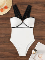 New White Black Patchwork Swimwear Women Halter Metal Ring Linked Hollow Out Slim Tummy Control One Piece Swimsuit Monokini 2025