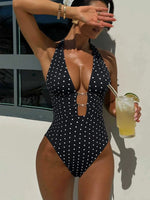 Vintage Black Polka Dot Print One Piece Swimsuit 2026 Women Sexy Hollow Out Pearls V Neck Backless Bathing Suit Holiday Swimwear