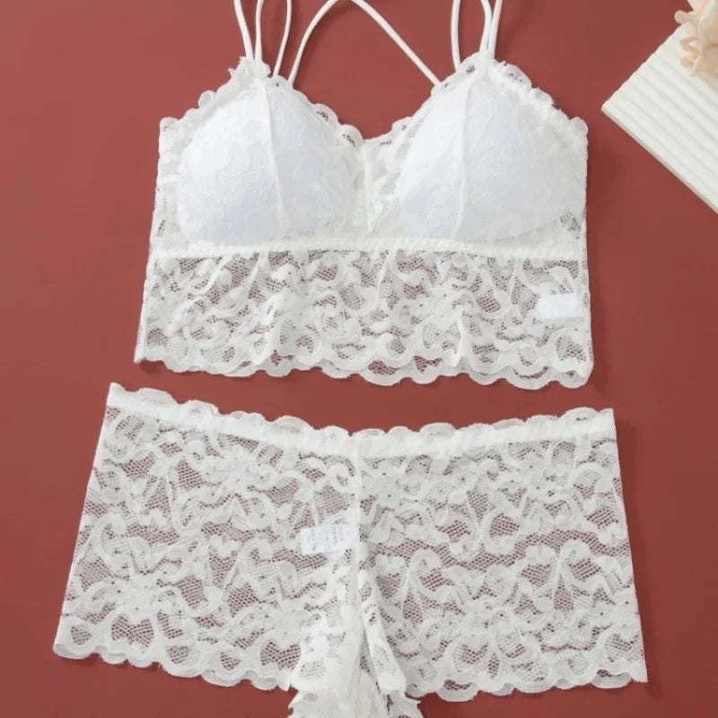 Women's Lace Non-wire Bra And Panties Set Transparent Low Rise Briefs Ultra-thin Comfort Underwear Female Bralette Lingerie Set