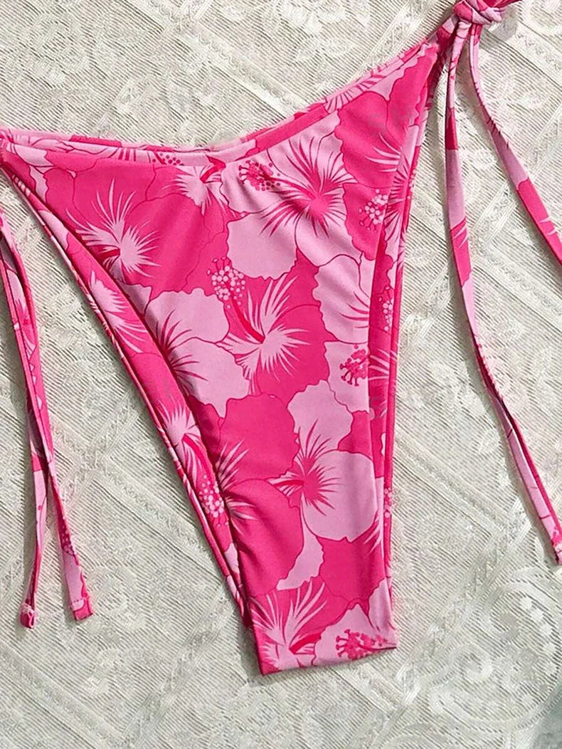 Sexy Pink Floral Print Bikini 2025 Mujer Women Metal Flower Ornament Push Up Thong Swimwear Summer Bathing Suit Micro Swimsuit