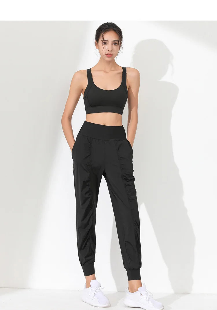 Hearuisavy Yoga Pants Loose Slim Quick-Dry Yoga Pants Pleated Hem Bound Running Fitness Capris Pockets Jogging Pants Woman