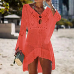 Sexy Women’s Bathing Suit Beach Cover Up Hollow Out Knitted Women Flared Sleeves Solid Color Beach Dress saida de praia