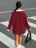 Women's Casual Striped Letter & Number Print Athletic Polo Collar Long Sleeve T-Shirt Drape Oversize Tops Streetweat Spring/Fall