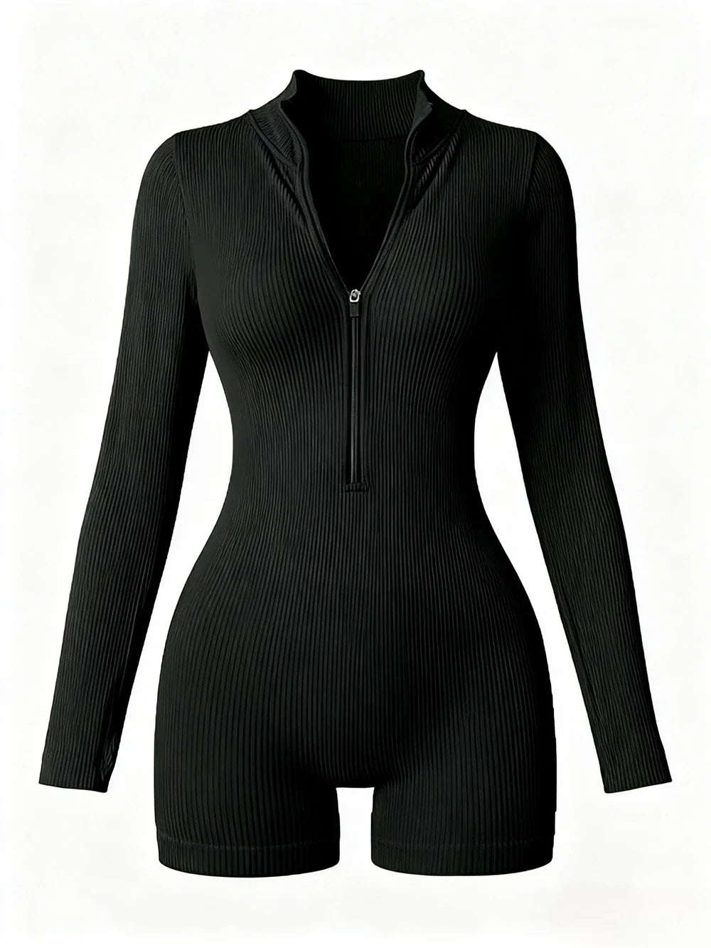 Women's Solid Color Half Zip Ribbed Knit Short Sleeve Romper Sports Soft Slim Fit Mock Neck Jumpsuit Streetwear 2025 Summer