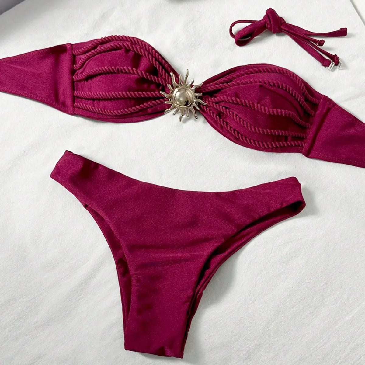 Sexy Bandeau Bikini 2026 Women Coffee Braiding Rope Pleate Tie Push Up High Waist Swimsuit Beach Holiday Bathing Suit Swimwear