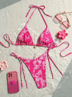 Sexy Pink Floral Print Bikini 2025 Mujer Women Metal Flower Ornament Push Up Thong Swimwear Summer Bathing Suit Micro Swimsuit