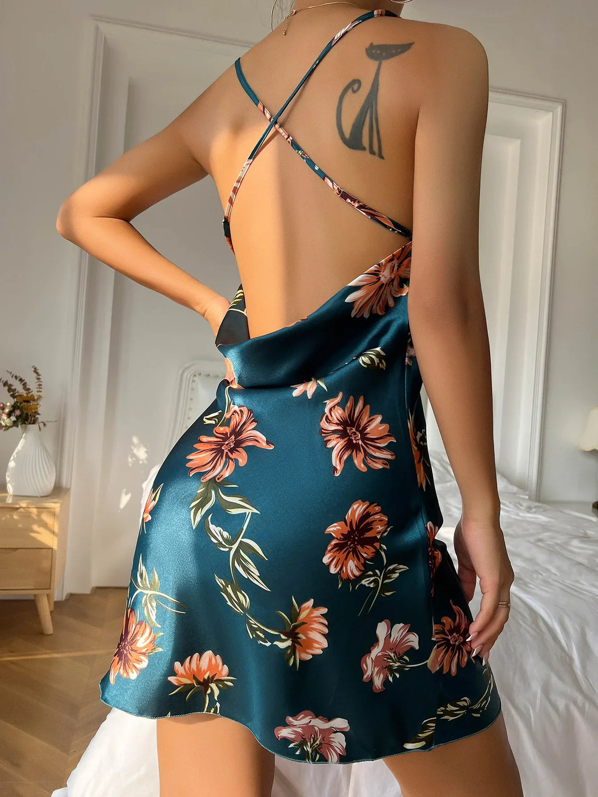 Sexy Short Backless Home Nightgown Solid Color Women's Robes V-neck Cross Suspender Skirt Simulated Silk Thin Dress for Women