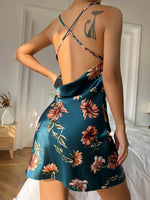 Sexy Short Backless Home Nightgown Solid Color Women's Robes V-neck Cross Suspender Skirt Simulated Silk Thin Dress for Women