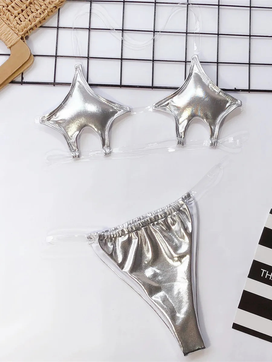 Micro Bikini Women Clear Strap Push Up Bra Neon Yellow Gold Transparent Swimsuit Women Triangle Bather Thong Swimwear Biquini