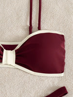Sexy Wine Patchwork Bikini Set 2026 Women Front Tie Pleate Push Up Bra Thong Swimsuit Summer Bathing Suit Vacation Swimwear