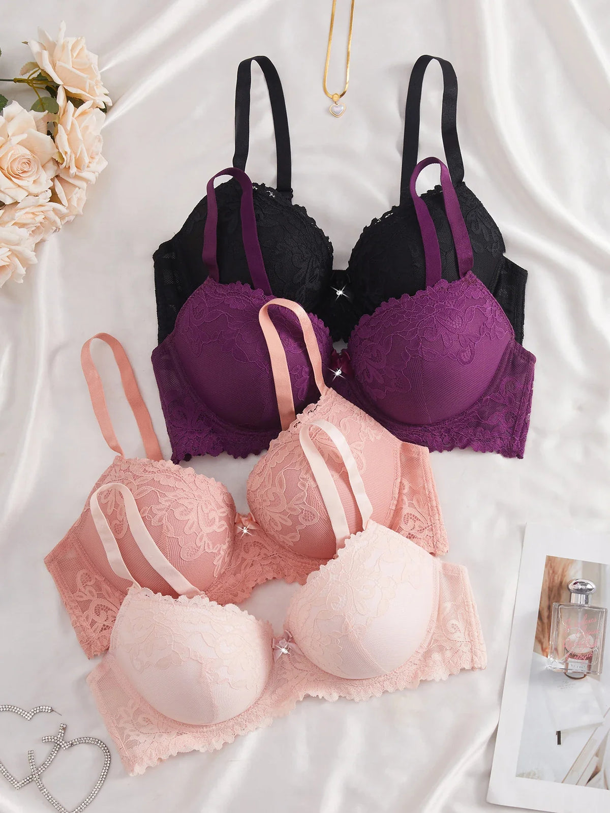 4PCS Plus Size Lace Women's Underwear Set Underwire Push Up Bra Rhinestone Bow Comfort B C D Thin Cup Bras Women