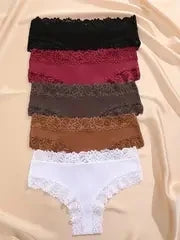 5Pcs Women Cotton Brazilian Pants Sexy Lace Brazilian Briefs Low Waist Floral Solid Color G-string Breathable Soft Lingerie