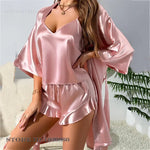 Female 3PCS Pajamas Set Kimono Bathrobe Gown Spring Summer New Sleepwear Strap Top&shorts Lingerie Loose Silk Satin Home Wear
