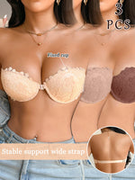 3Pcs Women Half Cup Lace Strapless Bra Adjustable Non-slip Off Shoulder Underwire Support Front Buckle Push Up Brassiere XS-L