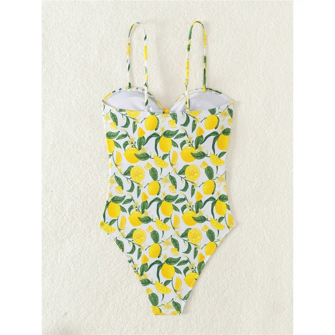 2026 New Lemon Printed Knotted One Piece Swimsuit Women Swimwear Female Monokini High Leg Cut Bather Bathing Suit Swim K6093