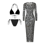 Sexy Hole Out Mesh Long Sleeve Dress 3 Piece Bikini Set 2026 Women Black Push Up Bra Thong Swimsuit Beach Bathing Suit Swimwear