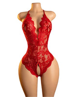 Transparent Sexy Crotchless Red Lingerie Women's Lace Hollow Bodysuit Bra Set Erotic Pajamas Deep V Open Bra Porn Underwear Set