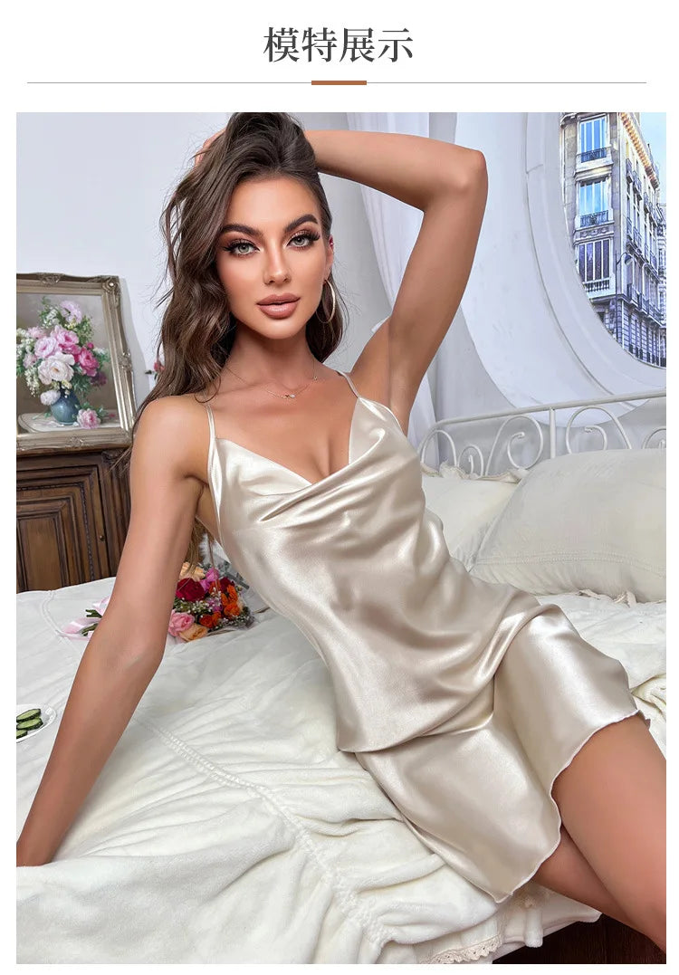 Sexy Short Backless Home Nightgown Solid Color Women's Robes V-neck Cross Suspender Skirt Simulated Silk Thin Dress for Women